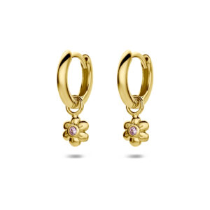 klapoorringen bloem roze zirkonia 12 mm 1 micron zilver verguld (geel)