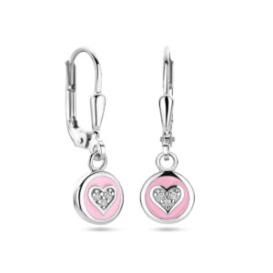 oorhangers  hart zirkonia en roze emaille brisur haak zilver gerhodineerd