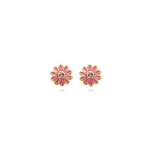 oorknoppen emaille bloem roze zirkonia 7 mm 1 micron zilver verguld (geel)