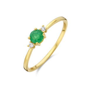 ring trilogie smaragd en diamant 0.03ct (2x 0.015ct) h p1 14K geelgoud