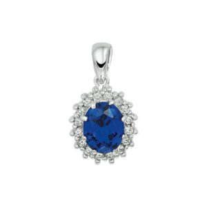 hanger zirkonia en synthetische saffier halo zilver gerhodineerd
