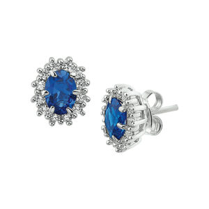 oorknoppen zirkonia en synthetische saffier halo zilver gerhodineerd